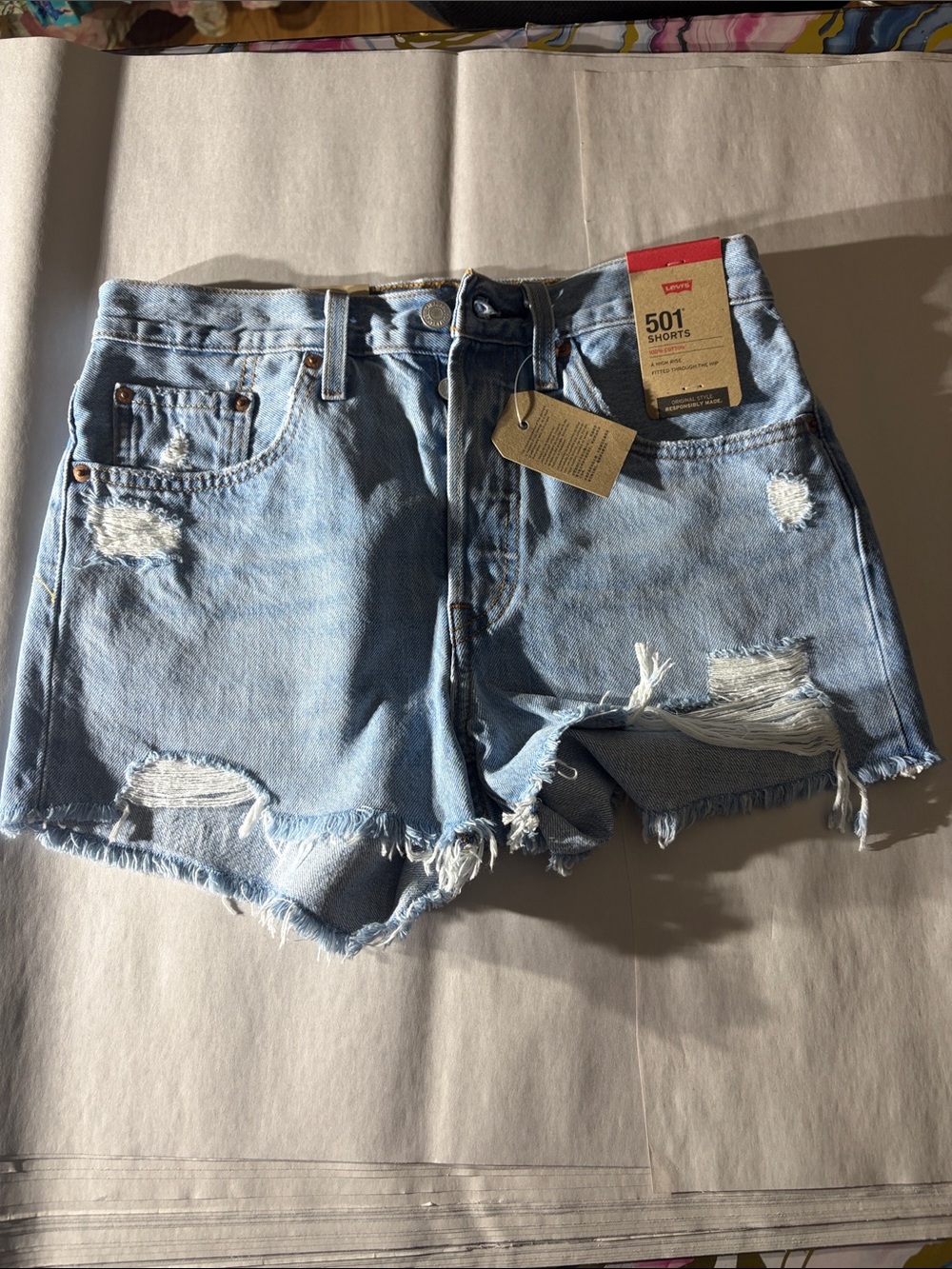 Levi's light blue distressed 501 size 26 high waist rise denim shorts